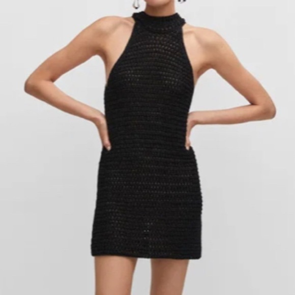 Mango Dresses & Skirts - Mango Black Shimmer Halter Open Knit sheer Mini Dress Sleek Mini party Dress LBD